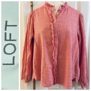 LOFT Button-Up Shirt Ruffle Gingham Blouse Pink Orange large casual long sleeve